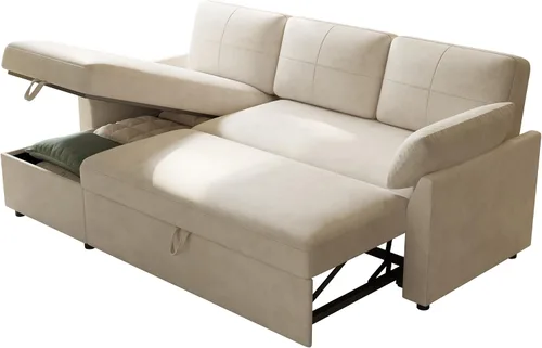 Vista 8 de AMERLIFE Sofá cama, sofá cama 2 en 1 con diván de almacenamiento, sofá extraíble para sala de estar de apartamento, color beige lino