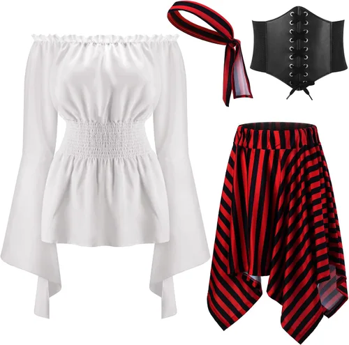 Vista 2 de Shihanee Disfraz de pirata para mujer, blusa renacentista, blusa con corsé, falda pirata, accesorios medievales para disfraz de Halloween