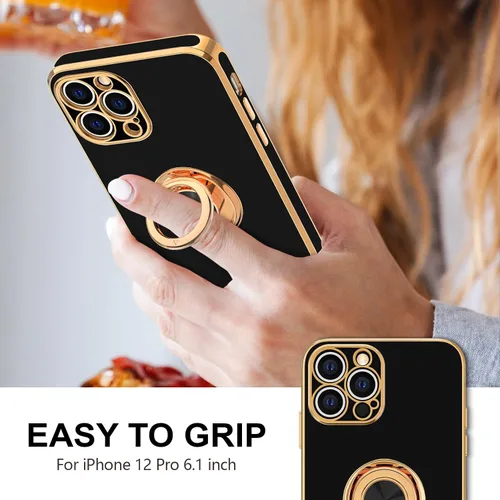 Vista 2 de Hython Funda para iPhone 12 Pro con soporte de anillo [soporte de anillo giratorio de 360° con soporte magnético] chapado de lujo en oro rosa suave