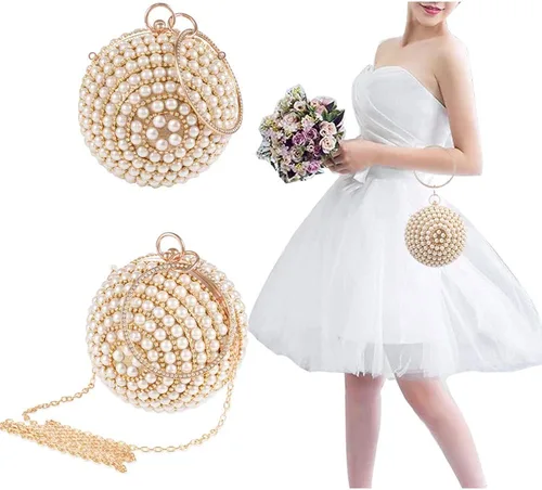 Vista 4 de Bolso redondo de la bola del embrague de la mujer deslumbrante completo Rhinestone borlas anillo de la manija del bolso de las perlas de la noche