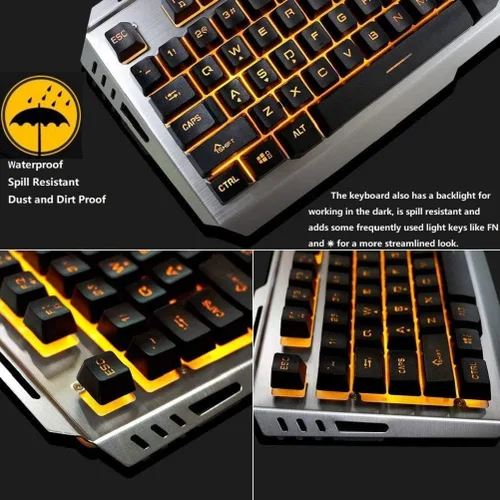 Vista 4 de Combo de teclado y mouse para juegos retroiluminación naranja amarillo teclado de retroiluminación LED teclado de computadora para juegos mouse