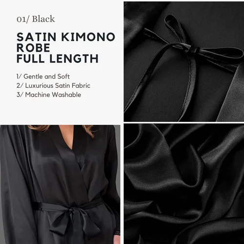 Vista 2 de Bata tipo kimono de satén con bolsillos, bata de satén para mujer, acogedora bata larga de satén para mujer, bata de lujo