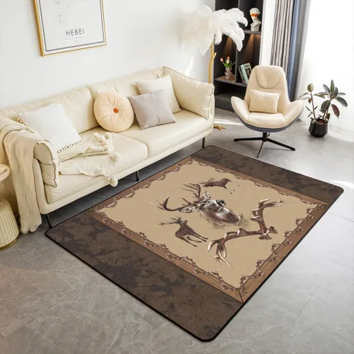 Vista 15 de Erosebridal Alfombra rústica de ciervo para niños y niñas, alfombra vintage con cuernos de alce de 3 x 5, alfombra de paisaje de árboles en acuarela