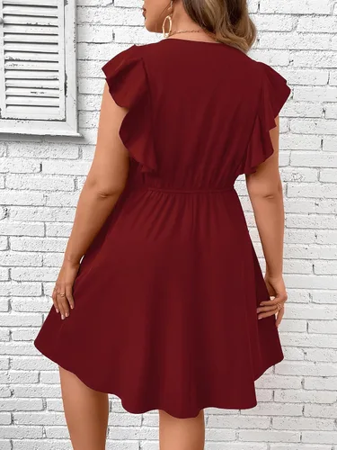 Vista 2 de Verdusa Vestido corto acampanado con encaje en contraste y cuello en V y manga casquillo con volantes para mujer