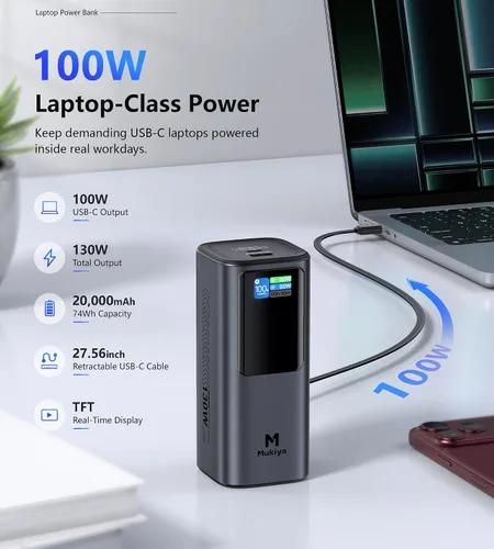 Vista 2 de Mukiya Laptop Power Bank, 20,000mAh 130W Built-in Retractable USB C Cable