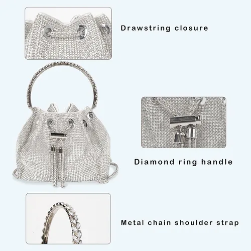 Vista 2 de QZUnique Bolso de cubo de diamantes de imitaciónlentejuelas con conjunto de joyas para mujer, bolso de noche plateado brillante con purpurina