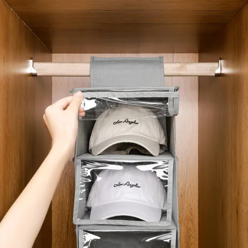 Vista 8 de Organizador de sombreros, perchero para gorras de béisbol, organizador colgante de armario con 10 bolsillos y funda, soporte plegable para Negro