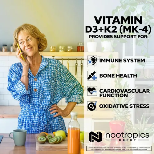 Vista 4 de Nootropics Depot Vitamina D3 + K2 con tabletas de vitamina C 60 unidades Colecalciferol + Menaquinona-4 (MK-4) Salud del estado de ánimo