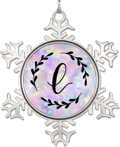 Vista 19 de Adorno de copo de nieve de letra A con inicial de copo de nieve, corona negra, adorno con monograma para decoración de árbol de Navidad, adornos