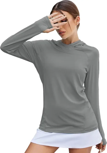 Vista 20 de LUYAA - Sudaderas con capucha para mujer, protección solar UPF 50+, transpirables, elásticas, para senderismo, manga larga, para correr Beige