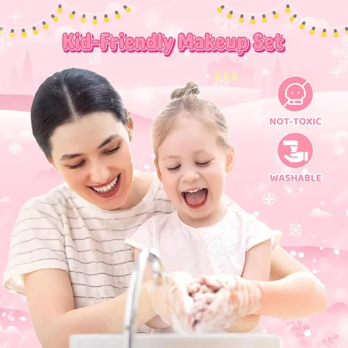 Vista 5 de GirlsHome Set de maquillaje para niñas de 56 piezas, lavable, cosméticos reales no tóxicos, juguetes de Frozen, kit de maquillaje para niñas