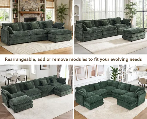 Vista 5 de Sofá modular modular de felpilla de asiento profundo, sofá en forma de L con almohadas y otomana móvil, cómodos sofás seccionales de nube de 3 Verde