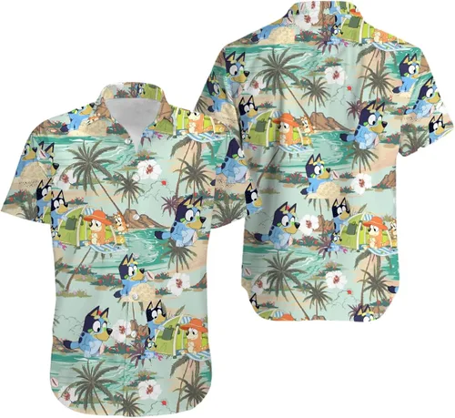 Vista 2 de Blueys - Camisa hawaiana para hombre, diseño de dibujos animados, color azul, para adultos, jóvenes, verano, vacaciones, regalo para él, papá, vida