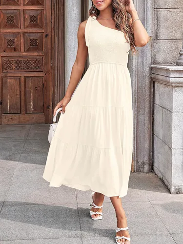 Vista 7 de MEROKEETY - Vestido de verano para mujer, sin mangas, por debajo de la rodilla, fruncido, escalonado, fluido, con un hombro, nudo y abertura