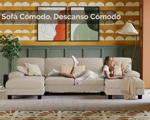 Vista 4 de Furmax - Sofás seccionales para sala de estar, sofá en forma de U con tela de lino, juego de sofá de 4 plazas con doble chaise para apartamento Beige