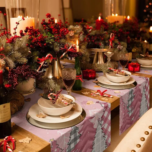 Vista 4 de Blush Pink Cotton Linen Small Table Runner 13 x 36 inch Non-Slip Rectangular Dining Table Decor for Wedding Party Holiday Dinner Christmas Pine Tree