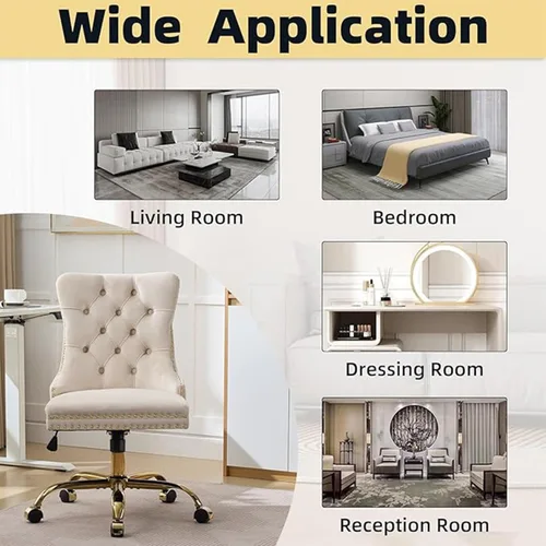 Vista 7 de Bonita silla de tocador beige con ruedas, silla de escritorio de oficina cómoda sin brazos de terciopelo para el hogar, silla giratoria