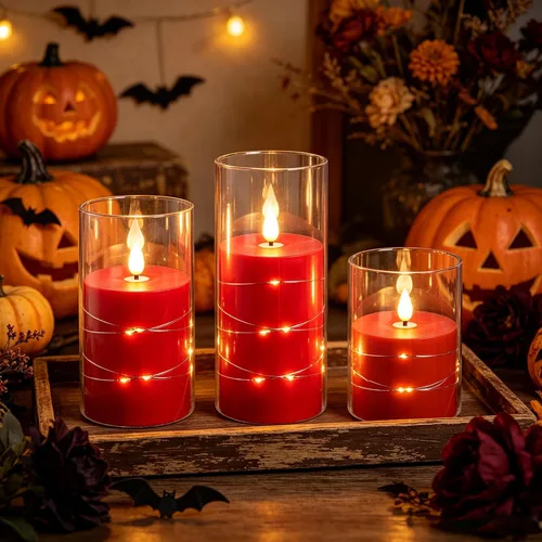 Vista 5 de Da by Paquete de 3 velas cónicas de acrílico transparente rojo sin llama, velas LED parpadeantes de mecha negra con cadena de luces de hadas, velas