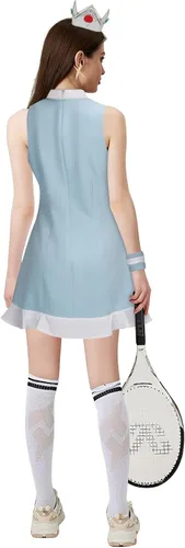 Vista 3 de Tappkice Vestido de princesa Rosalina azul para mujer, disfraz de cosplay con corona, vestido sin mangas, falda, traje deportivo de Halloween