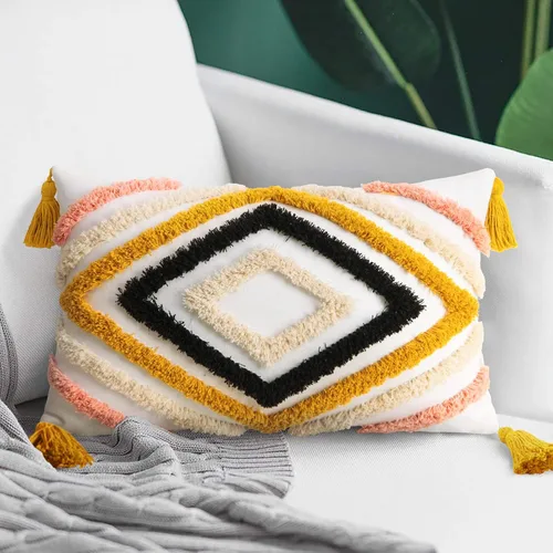 Vista 14 de JASEN Fundas de almohada bohemias, fundas de almohada decorativas tejidas con borlas y patrón de diamantes para sofá, dormitorio, sala de estar, sin