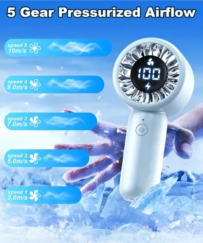 Vista 4 de Ventilador turbo portátil de mano con pantalla LED, refrigeración turboalimentada de 32 pies, larga duración, 5 velocidades de 4 onzas, ligero