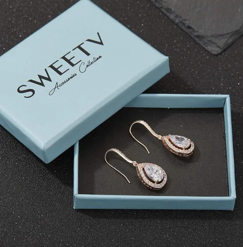 Vista 6 de SWEETV Pendientes de boda de lágrima para novias, damas de honor, aretes colgantes de circonita cúbica para graduación, fiesta, ocasión formal