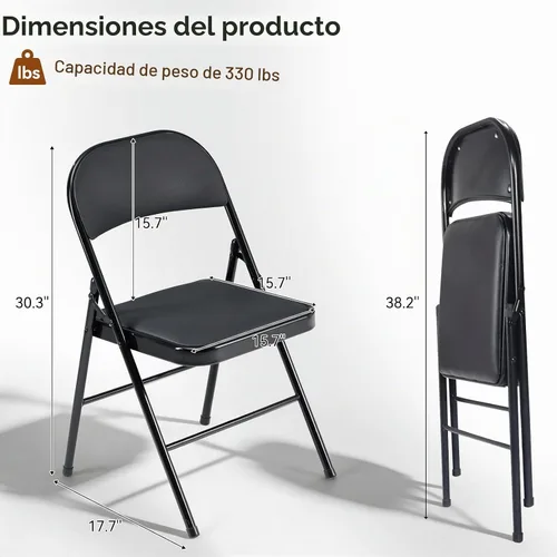 Vista 3 de Karl home Paquete de 8 sillas plegables negras con asientos acolchados Negro