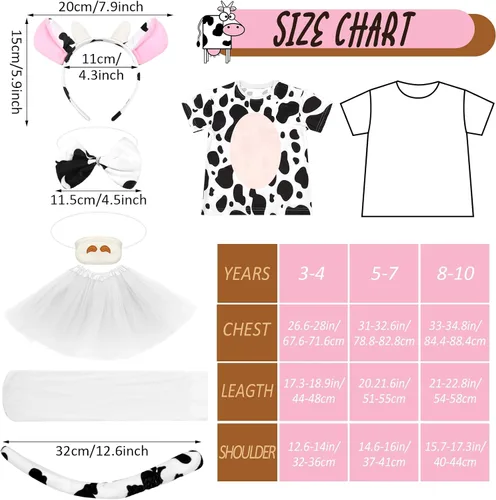 Vista 3 de Bonuci Disfraz de vaca de Halloween para niñas y niños, incluye diadema de vaca, cola, nariz, corbatín, falda, camiseta y pegatina