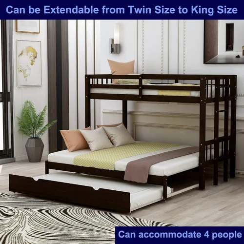 Vista 3 de STERXONE - Litera de madera 4 en 1 con cama nido, cama individual sobre cama individual, matrimonial/Queen/King, con base de litera extraíble