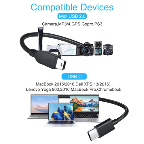 Vista 2 de Cable USB-C a Mini USB, cable de carga tipo C a Mini-B compatible con cámara Canon, cargador rápido para GoPro Hero 3+, Ti-84 Plus, controlador PS3