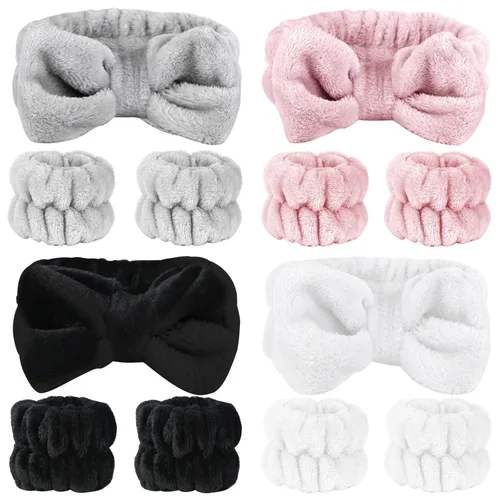 Vista 7 de SLNZAPTY Juego de 12 diademas y muñequeras para lavado facial para mujeres, envolturas de cabello de microfibra tipo spa para niñas, diademas y beige