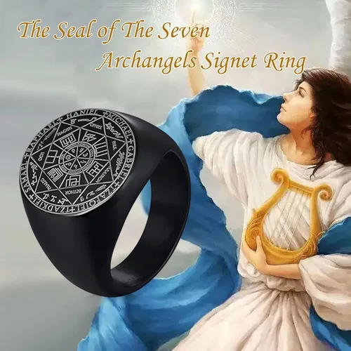 Vista 2 de Hisatan Anillo de sello The Seal of The Seven Archangels para hombre Anillo de acero inoxidable con sello de ángeles para motociclista Joyería