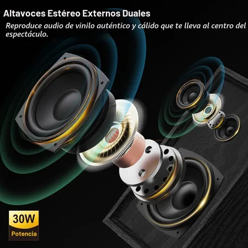 Vista 4 de Tocadiscos Bluetooth con altavoces externos con transmisión por correa Negro (Black Wood)