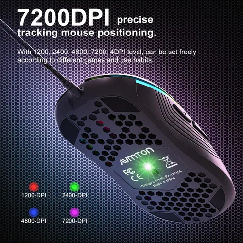 Vista 4 de Mouse para juegos con cable, mouse USB ligero de panal, mouse RGB para juegos de alta precisión ajustable 7200 DPI Plug Play, AVMTON 6 botones