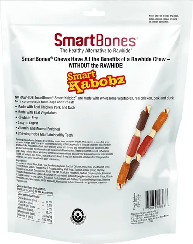 Vista 2 de SmartBones Smart Kabobz, trata a tu perro con un masticable sin cuero crudo hecho con pollo real, carne de res y cerdo, 12 unidades (paquete de 1)