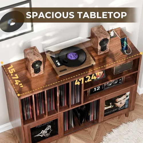 Vista 7 de Soporte XL para tocadiscos con puertas corredizas, gabinete de almacenamiento para más de 500 discos de vinilo con estación de carga y puertos USB