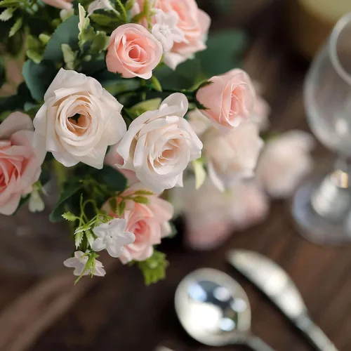 Vista 5 de Tableclothsfactory 4 arbustos Ramo de novia de seda artificial de 12 pulgadas, color oro rosa, flores sintéticas
