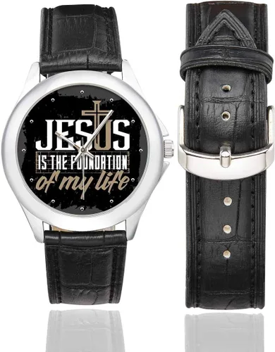 Vista 2 de Versículo bíblico cristiano Jesús impermeable de acero inoxidable clásico reloj de correa de cuero, negro, Negro