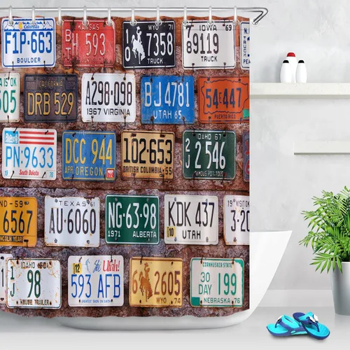 Vista 2 de LB Juego de cortina de ducha para placas de automóvil americano, diseño rural de ladrillo de Utah, cortina de baño de tela de poliéster impermeable