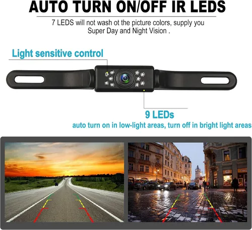 Vista 4 de Cámara de respaldo para automóvil, visión nocturna HD, cámara de visión trasera, con 9 luces LED, fuente y cámara trasera, ángulo de visión amplio