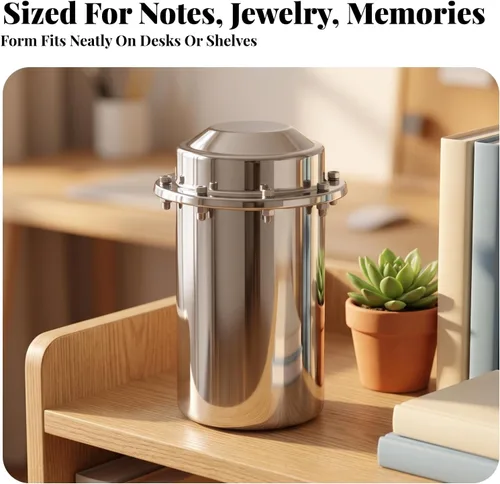 Vista 2 de Time Storage Container Stainless Steel Cylinder Capsule for Valuables and Keepsakes with Brushed Silver and Circular Band for Drawer Shelf