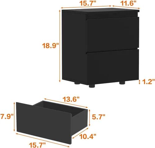 Vista 3 de AGOTENI Juego de 2 mesitas de noche, mesa auxiliar de madera con 2 cajones de almacenamiento para dormitorio, color negro