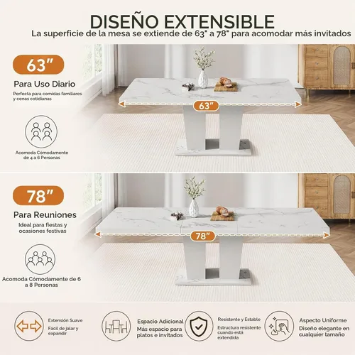Vista 6 de HomVent - Juego de mesa de comedor extensible de mármol sintético blanco para 4 63"-79" Extendable Dining Room Table Set with 4 Velvet Chairs