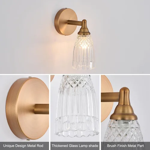 Vista 6 de HDDFL Lámpara de baño de latón vintage para baño, 1 luz de cristal para pared, dormitorio, baño, sala de estar, pasillo