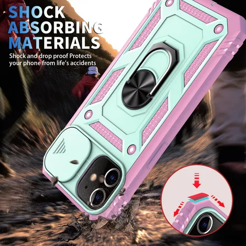 Vista 6 de Funda para iPhone 11, soporte giratorio y cubierta deslizante Verde Rosa