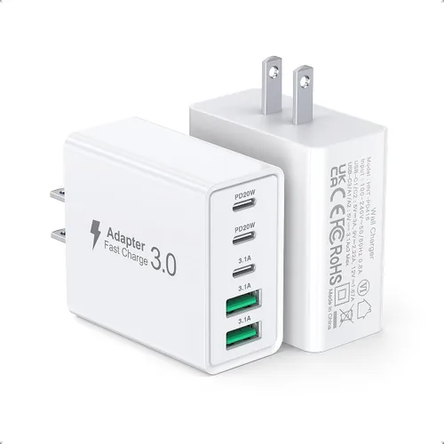 Vista 13 de [Paquete de 2] Cargador de pared USB C, bloque de cargador tipo C de 60 W, bloques de carga rápida de 5 puertos, enchufe multipuerto 3USB C+2USB A