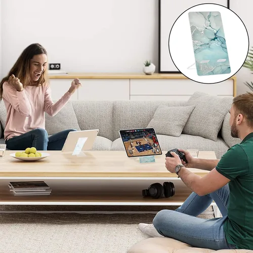 Vista 4 de Soporte de teléfono brillante para escritorio, bonito patrón de mármol verde transparente para niñas y mujeres, bonito soporte de acrílico