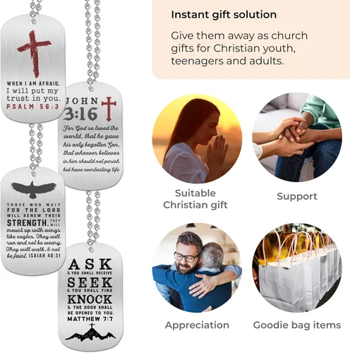 Vista 4 de Inkstone Collares con etiqueta para perros (paquete de 4) Versículos de la Biblia Salmo 563, Isaías 4031 y Mateo 77 pulgadas Regalos de fiesta