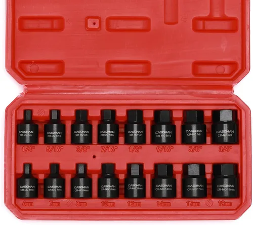 Vista 2 de CASOMAN Juego de destornilladores hexagonales de impacto de perfil bajo, 16 piezas, 3/8 pulgadas, Cr-Mo, 1/4"-3/4", 0.236 in-0.748 in, Impact SAE