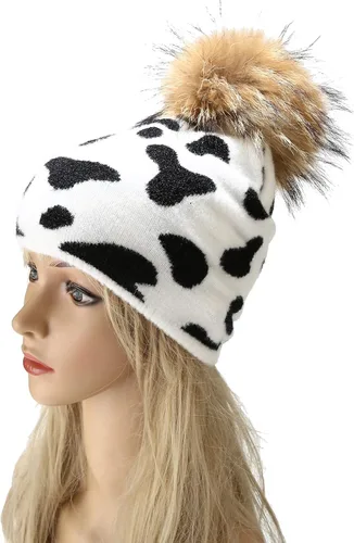 Vista 2 de Joylife Gorro de invierno con pompones de piel y diseño de calavera de punto unisex de doble capa